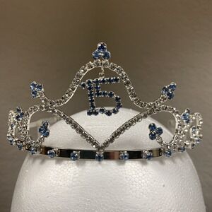 Quinceañera Silver Crown Tiara With Rhinestones Light Blue & Clear & Hair Combs